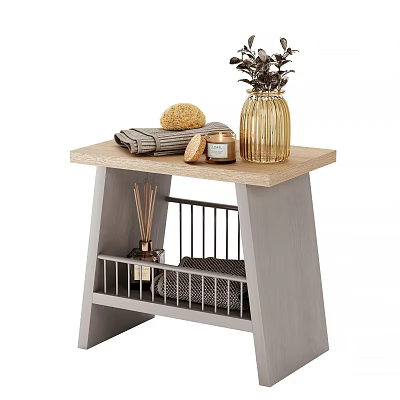 Stylish Bathroom Accessories On Wooden Storage Shelf With Towels Aromatherapy And Decorative Vase 3d model