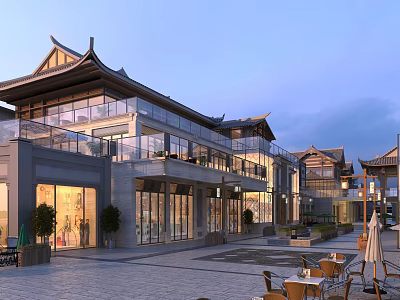 Traditional Modern Commercial Street With Glass Curtain Wall Outdoor Seating And Lantern Decorations 3d model