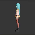 Anime Game Character With Teal Hair Yellow Top Skirt Pink Stockings And Black Boots