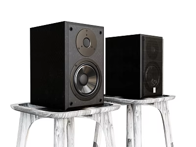 Black Home Audio Speakers On White Wooden Stools With Circular Drivers Design 3d model