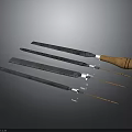 Set Of Kitchen Knives With Black Blades Wooden Handles And White Accents