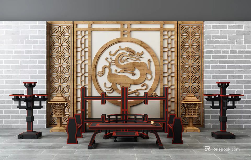 Traditional Wooden Entryway Cabinet And Side Cabinet With Dragon Carving In Oriental Interior 3d model 