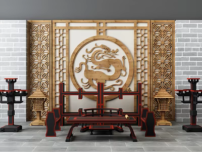 Traditional Wooden Entryway Cabinet And Side Cabinet With Dragon Carving In Oriental Interior 3d model