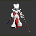 Detailed Silver Robot Figure With Red Cape And Blue And Red Weapons