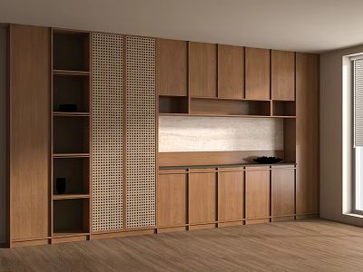 Modern Wooden Decorative Cabinet With Open Shelves Lattice Panel And Countertop In Interior 3d model