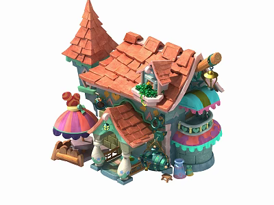 Cartoon Scene Of Enchanting Cottage With Pointed Red Roof Colorful Awnings And Decorative Windows 3d model