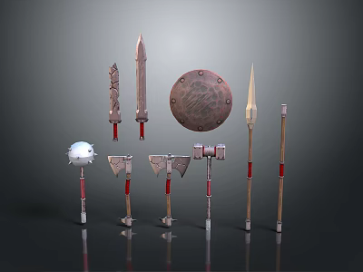 Ancient Weapons Collection Featuring Swords Shields Axes Spears And Maces 3d model
