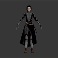Game And Movie Character In Black Armor With Long Coat Red Boots And Metallic Details