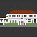 White Building Model With Red Roof Windows And Green Lawn Base