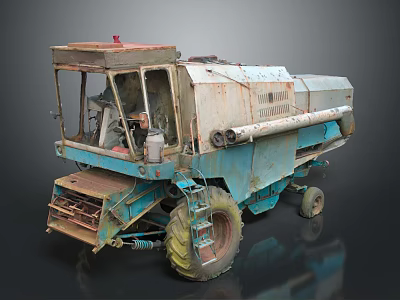 Rusty Blue And White Old Combine Harvester With Large Tires And Cabin 3d model