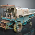 Rusty Blue And White Old Combine Harvester With Large Tires And Cabin