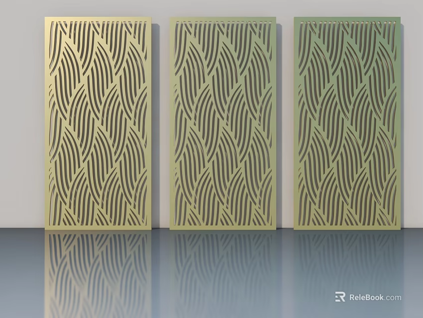 Three Decorative Flush Doors With Wavy Patterns In Gold And Green Tones 3d model 