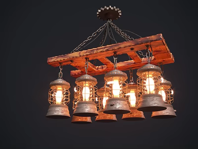 Vintage Industrial Chandelier Featuring Wooden Beam And Metal Cage Shades With Multiple Lit Bulbs 3d model