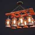 Vintage Industrial Chandelier Featuring Wooden Beam And Metal Cage Shades With Multiple Lit Bulbs