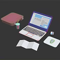 Laptop with Pink Box Cup Mouse Open Folder and USB Drive