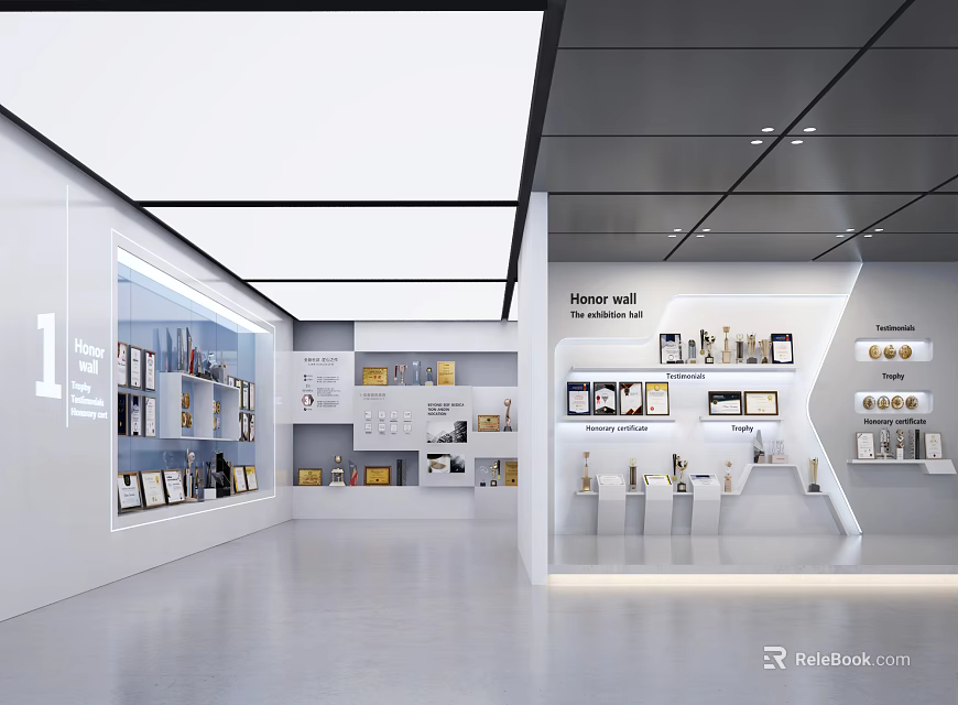 Modern Spacious Exhibition Hall Interior With White Walls Display Shelves And Illuminated Products 3d model 