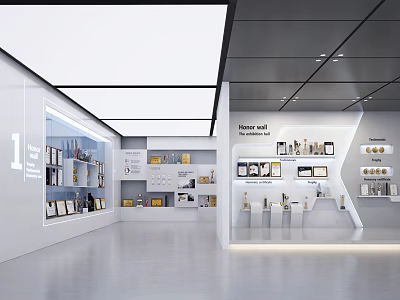 Modern Spacious Exhibition Hall Interior With White Walls Display Shelves And Illuminated Products 3d model