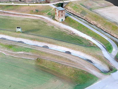 Cartoon Scene of Green Fields Winding Path and Red Brick Tower in Aerial View Grassland 3d model