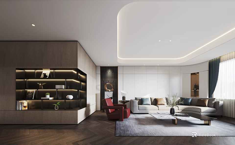 Modern Living Room With Gray Sofa Red Armchair Wooden Bookshelf Herringbone Floor Recessed Lighting 3d model 