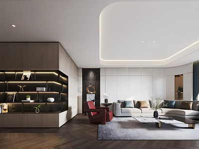 Modern Living Room With Gray Sofa Red Armchair Wooden Bookshelf Herringbone Floor Recessed Lighting 3d model