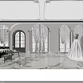 Elegant Bridal Shop Showcasing Luxury Wedding Dress on Round Platform with Marble Floor and Mirrors