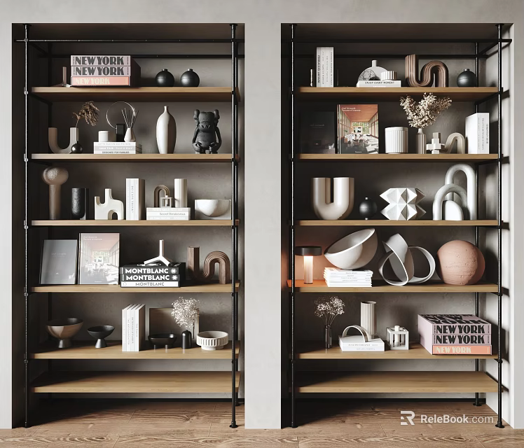 Modern Decorative Cabinet With Shelves Holding Various Books Vases Sculptures And Bowls 3d model 