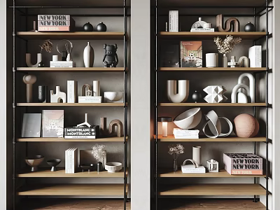 Modern Decorative Cabinet With Shelves Holding Various Books Vases Sculptures And Bowls 3d model