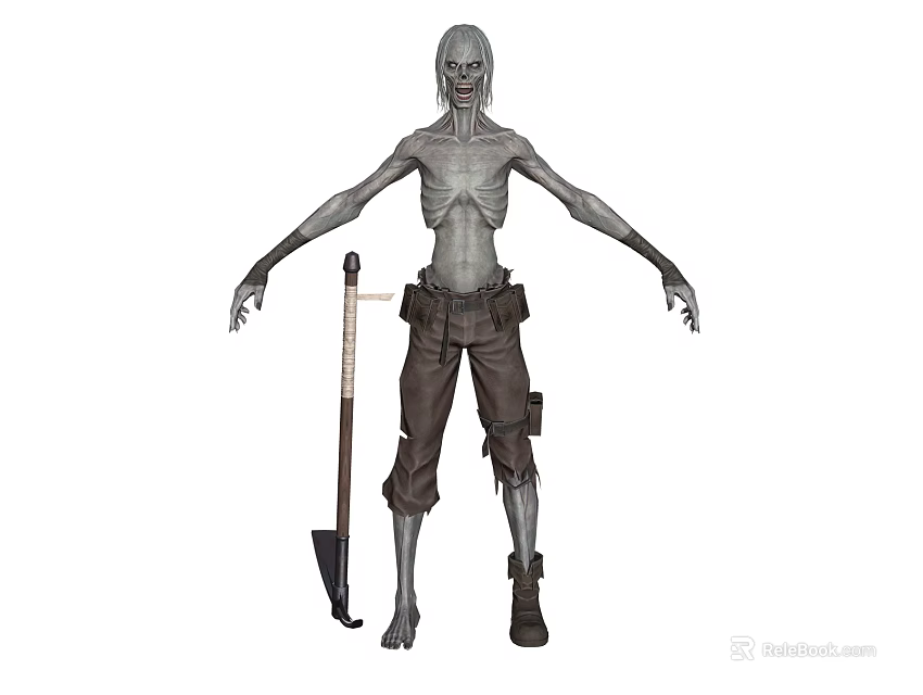 Gaunt Gray Skinned Hairless Creature Character Wearing Work Pants With Shovel 3d model 