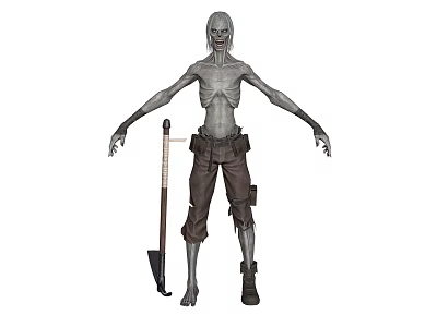 Gaunt Gray Skinned Hairless Creature Character Wearing Work Pants With Shovel 3d model