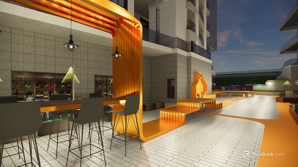 Modern Commercial Street Featuring Orange Decorative Structure Outdoor Seating Bar Stools And Tiled Floor 3d model 