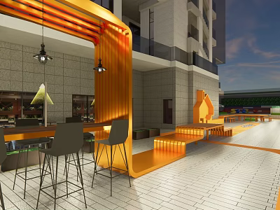 Modern Commercial Street Featuring Orange Decorative Structure Outdoor Seating Bar Stools And Tiled Floor 3d model