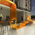 Modern Commercial Street Featuring Orange Decorative Structure Outdoor Seating Bar Stools And Tiled Floor