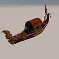 Ornate Wooden Boat With Red Canopy Golden Carvings And Misty Smoke