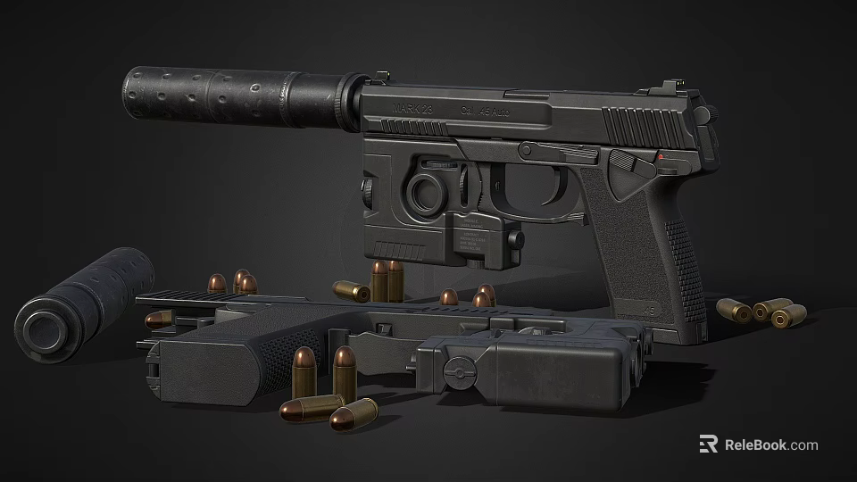 Black Tactical Pistol With Magazine And Bullets On Dark Background 3d model 