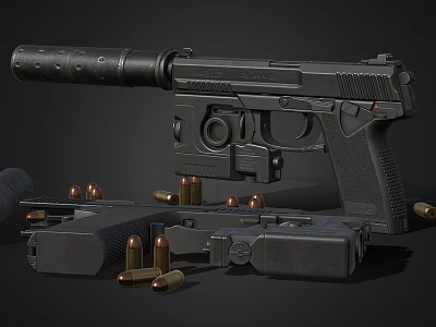 Black Tactical Pistol With Magazine And Bullets On Dark Background 3d model