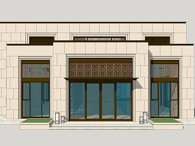Beige Stone Sales Office Building With Central Glass Doors Side Windows And Decorative Grille 3d model
