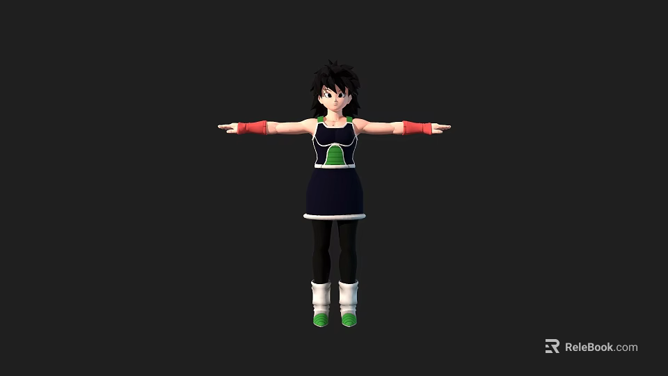 Game And Movie Character With Black Short Hair Dark Blue Dress Red Wristbands Arms Outstretched 3d model 