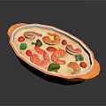 Fresh Shrimp in Orange Oval Plate with Red Cherry Tomatoes Green Broccoli and White Sauce