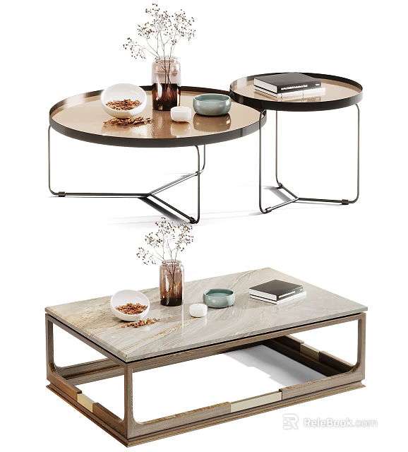 Stylish Round and Rectangular Coffee Tables with Marble Tops Metal Frames and Decorative Items 3d model