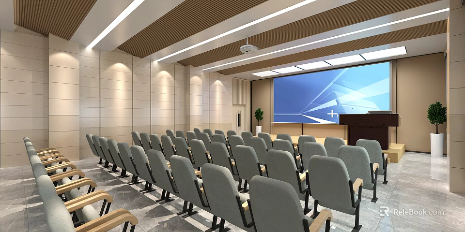 Modern Conference Room Interior With Rows of Chairs Podium and Large Projector Screen 3d model 
