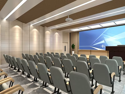 Modern Conference Room Interior With Rows of Chairs Podium and Large Projector Screen 3d model