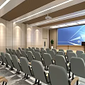 Modern Conference Room Interior With Rows of Chairs Podium and Large Projector Screen