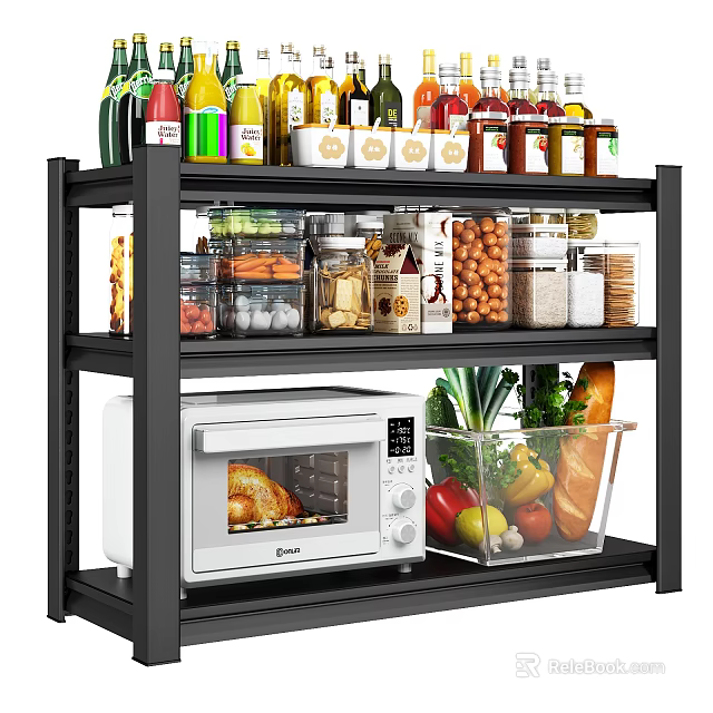 Spice Bottles on Black Kitchen Shelf with Dry Goods Jars Microwave and Fresh Vegetables 3d model 