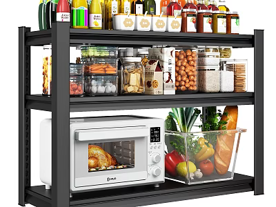 Spice Bottles on Black Kitchen Shelf with Dry Goods Jars Microwave and Fresh Vegetables 3d model