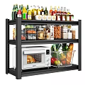 Spice Bottles on Black Kitchen Shelf with Dry Goods Jars Microwave and Fresh Vegetables