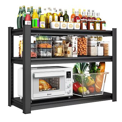 Spice Bottles on Black Kitchen Shelf with Dry Goods Jars Microwave and Fresh Vegetables 3d model