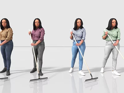 Women in Plaid Shirts and Different Pants Holding Rakes Against White Background 3d model