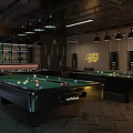 Modern Billiard Room Interior With Stylish Tables Chandeliers And Bar Counter
