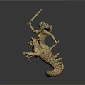 Woman Statues In Golden Finish Riding Mythical Creatures With Fish Tails And Spears