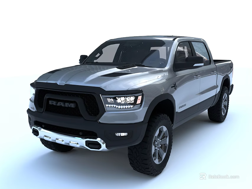 Silver RAM Crew Cab Pickup Truck With Modern Front Grille And Off Road Tires 3d model 